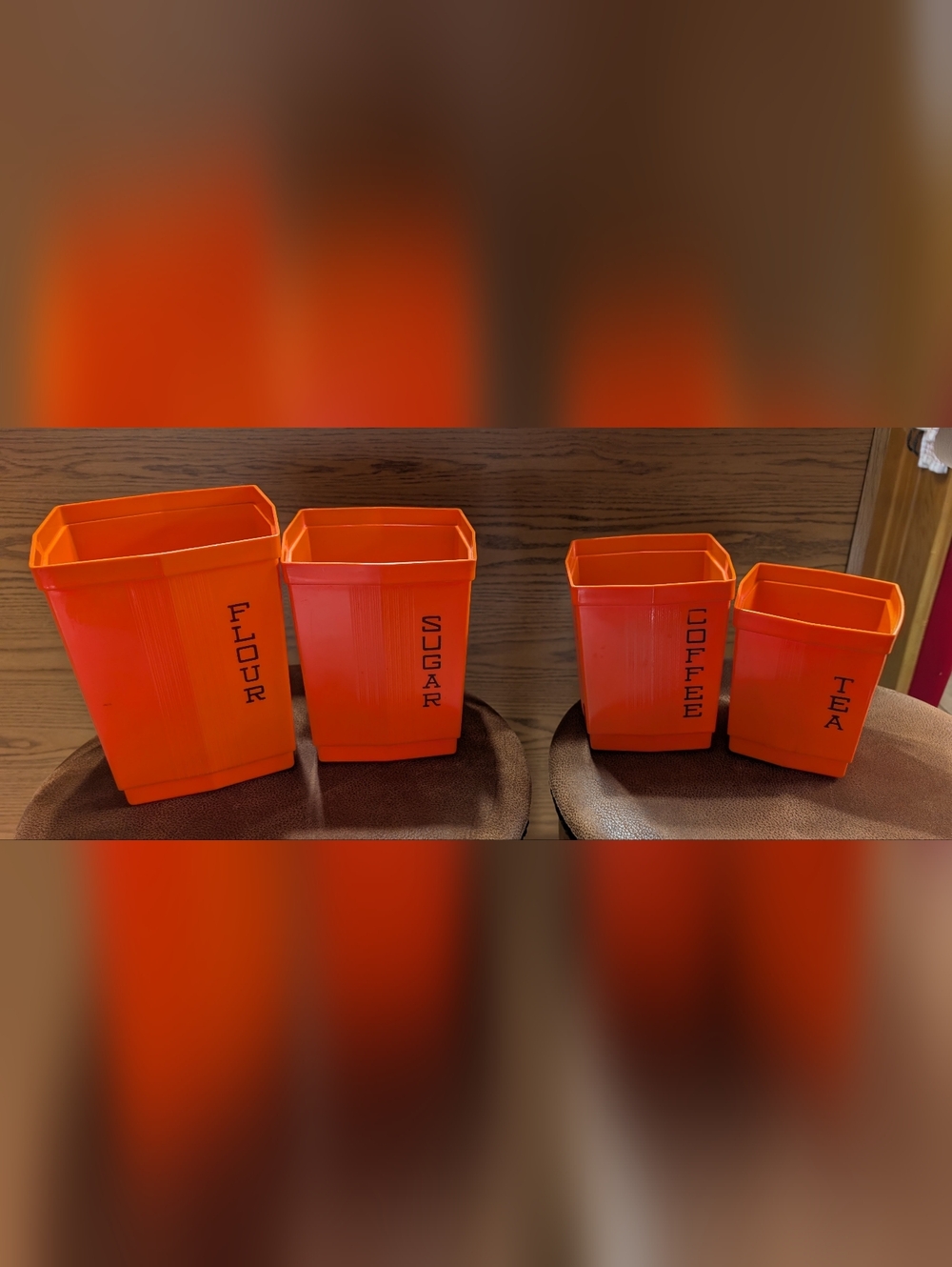 Max Klein Vintage Orange Kitchen Storage Canisters - Flour, Sugar, Coffee, Tea